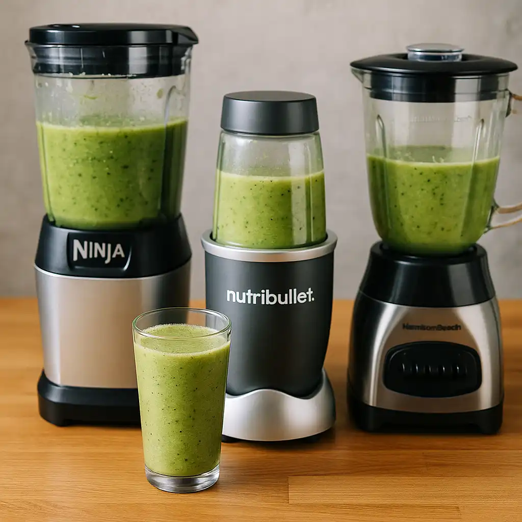 Three countertop blenders filled with green smoothies, placed side by side on a wooden kitchen surface with a glass of smoothie in front.