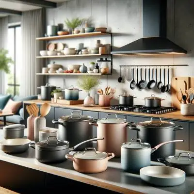 Modern kitchen with diverse ceramic cookware sets, displaying sleek designs and rich colors, perfect for an article on best ceramic cookware reviews.