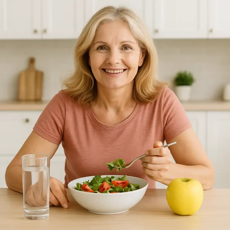A middle-aged woman with blonde hair smiling at the camera while enjoying a fresh salad at a wooden kitchen table, accompanied by a glass of water and a yellow apple in a bright, modern kitchen.