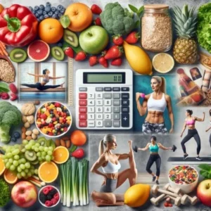 Healthy diet and exercise collage for women over 40, showcasing nutritious foods and fitness activities.
