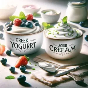 Square image of Greek yogurt and sour cream in labeled bowls, with berries and chives garnishes, in a bright kitchen setting.