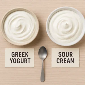A top-down view of two bowls on a light wooden surface, one filled with Greek yogurt and the other with sour cream, both displaying thick, creamy textures with a spoon placed between them.