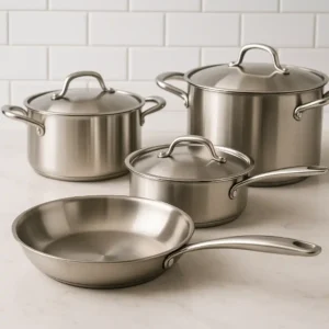 A stainless steel cookware set displayed on a white marble countertop, featuring a frying pan in the foreground and three lidded pots arranged behind it, with white subway tiles as the backdrop.