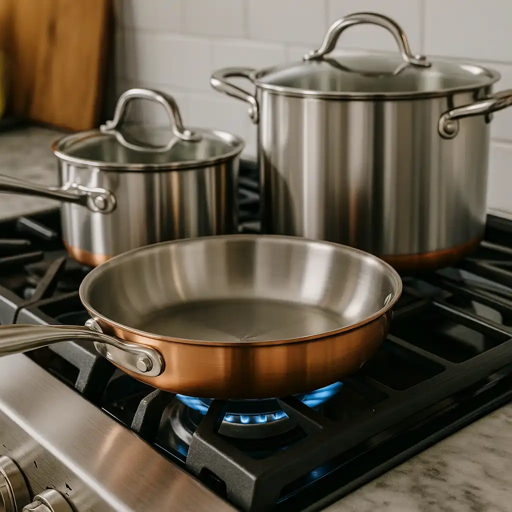 A photograph showcases three stainless steel pots with copper bases arranged on a gas stove, with the front burner ignited under a sauté pan, reflecting soft kitchen light.