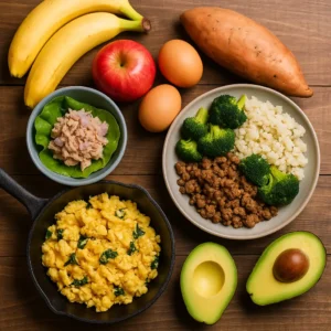 A photograph showcases budget-friendly Paleo meals including scrambled eggs, tuna salad in lettuce, ground meat with broccoli and cauliflower rice, bananas, apples, sweet potatoes, and avocado on a rustic wooden table.