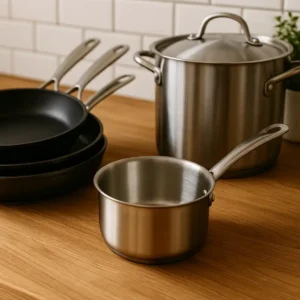 A photograph showcases a collection of essential kitchen cookware on a wooden countertop, featuring a stainless steel milk pan, a nonstick frying pan, and a stockpot, with soft natural lighting and a neutral kitchen background.