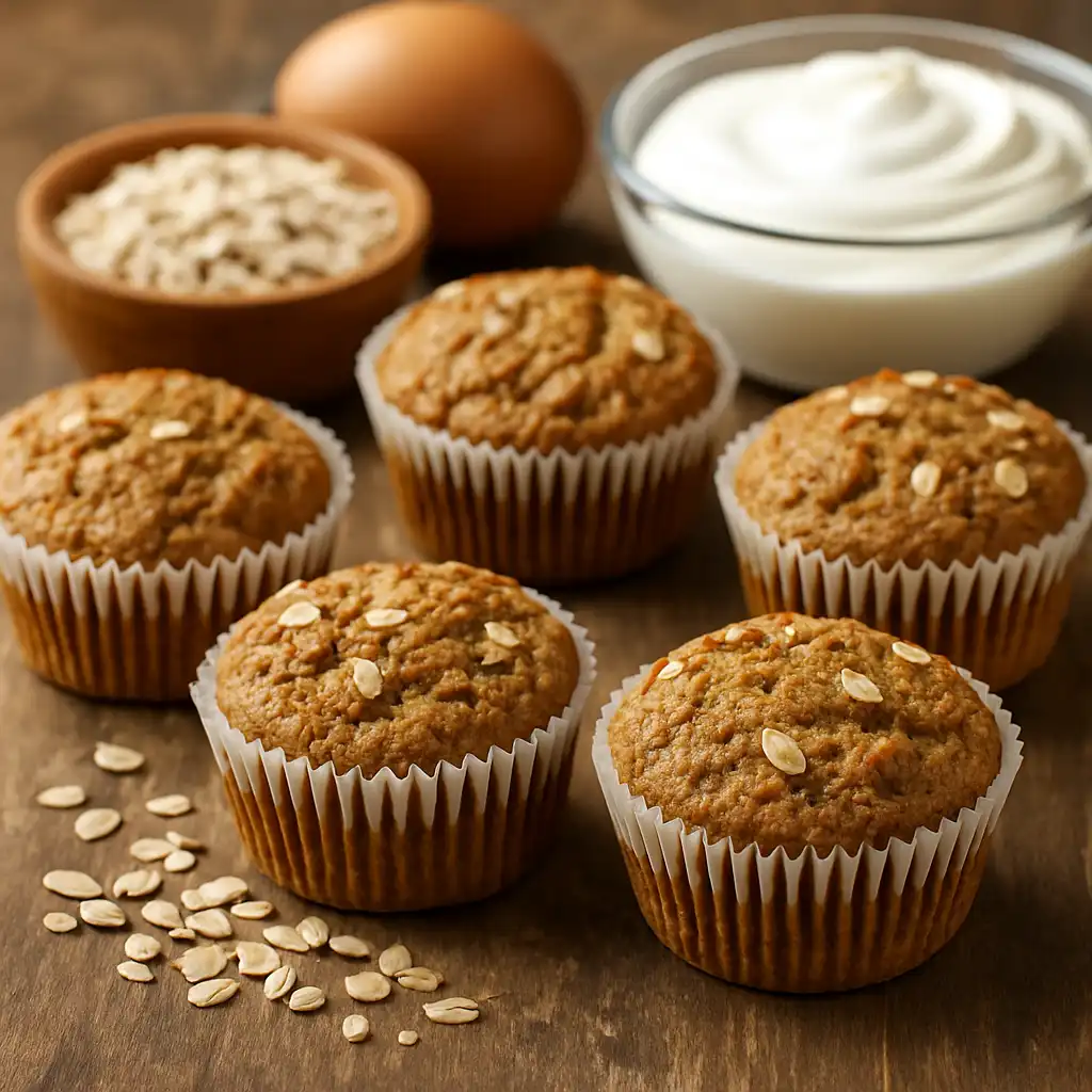 Protein-packed breakfast muffins made with oats and yogurt on a wooden table, with eggs and a bowl of yogurt in the background.
