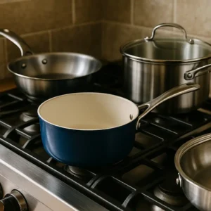 A photograph displays three pots and pans on a stainless steel gas stove, including a blue ceramic saucepan, a stainless steel pan with lid, and a frying pan, against a tiled kitchen backsplash.