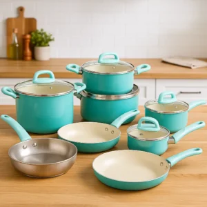 A set of GreenLife turquoise ceramic nonstick pots and pans with glass lids arranged on a wood kitchen countertop in a bright, modern kitchen.