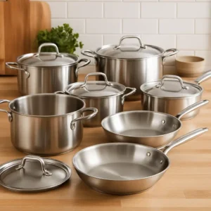 An eleven-piece stainless steel cookware set with lids is arranged on a light wooden kitchen counter, reflecting soft natural light in a cozy, modern kitchen.