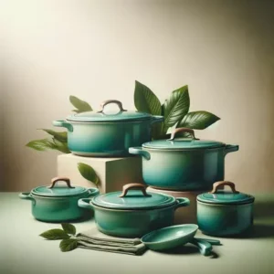 Turquoise GreenLife pots and pans elegantly displayed, embodying stylish, sustainable cooking.