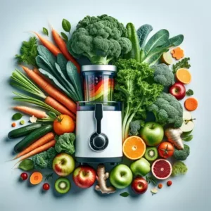 Colorful fresh fruits and vegetables with juicer for healthy weight loss recipes.