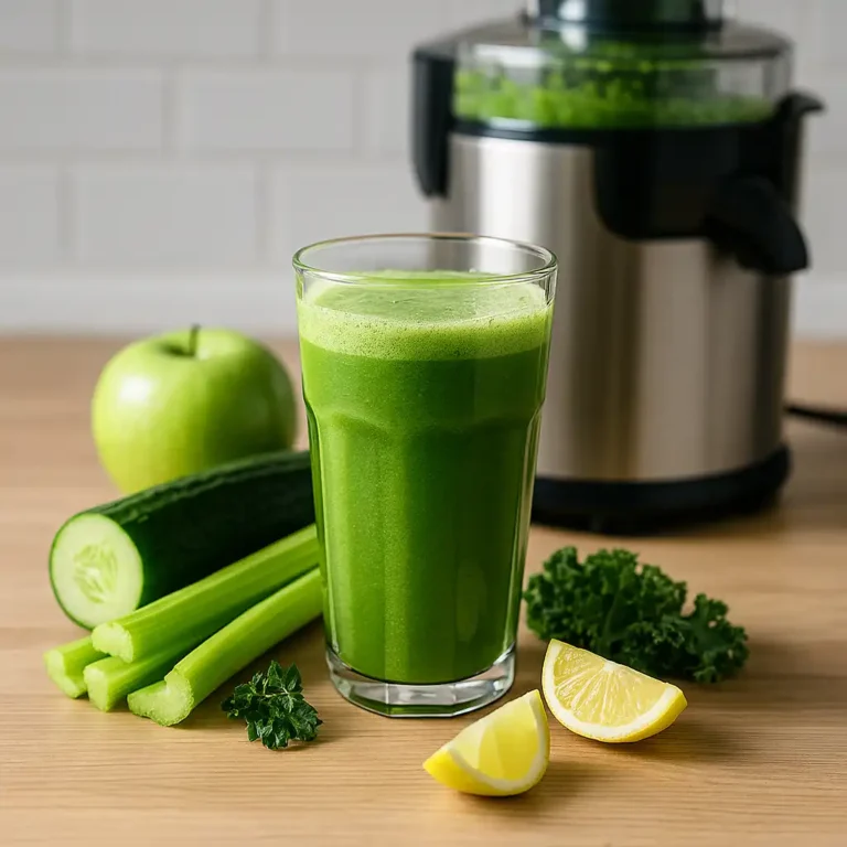 A tall glass of vibrant green juice surrounded by cucumber, celery, green apple, lemon wedges, and kale on a wood countertop, with a juicer in the background.