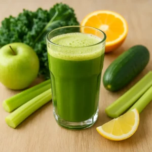 A tall glass of fresh green juice surrounded by kale, green apple, cucumber, celery stalks, and lemon slices on a wooden surface with natural light.
