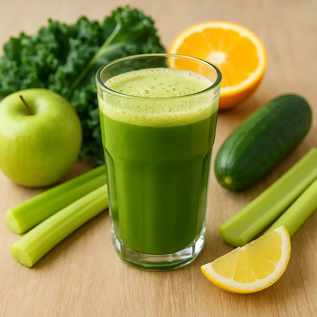 A tall glass of fresh green juice surrounded by kale, green apple, cucumber, celery stalks, and lemon slices on a wooden surface with natural light.