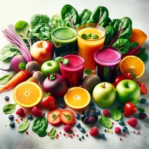 Colorful array of juicing recipes featuring fresh fruits and vegetables for energy and detox.