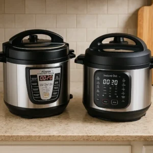 A Power Pressure Cooker XL and Instant Pot Pro side by side on a kitchen counter with beige tile backsplash and wooden cutting board in the background.