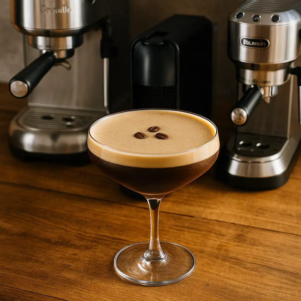 A close-up of a freshly made espresso martini in a coupe glass, topped with three coffee beans, with three espresso machines blurred in the background on a wooden counter.