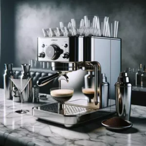 Elegant espresso machine prepared for crafting espresso martinis, surrounded by martini glasses and coffee beans.