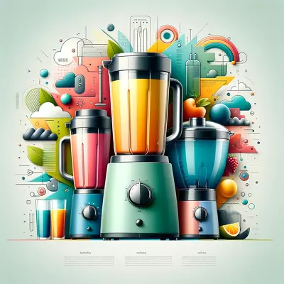 Colorful modern blender, juicer, and food processor combo, a stylish addition to any kitchen.