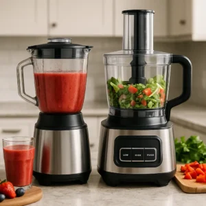 A high-resolution image of a stainless steel blender and food processor combo on a kitchen counter, surrounded by chopped vegetables and a fruit smoothie.