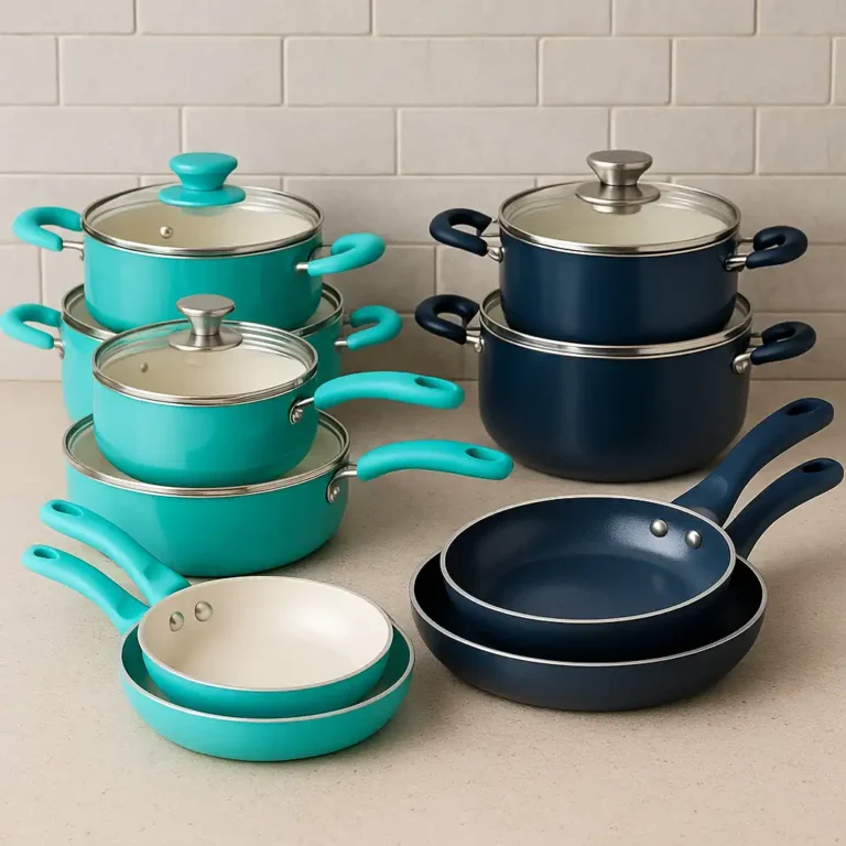 Two complete sets of ceramic nonstick cookware—one in turquoise with white interiors, the other in navy blue—displayed side by side on a light kitchen counter with a clean tile backsplash.