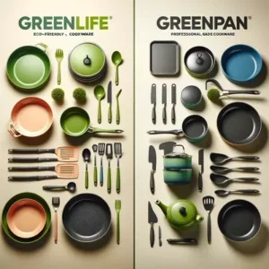 GreenLife and GreenPan eco-friendly cookware comparison, showcasing vibrant, non-toxic frying pans and saucepans.