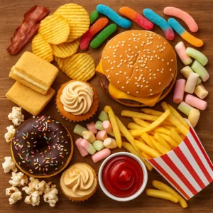 A colorful assortment of processed foods including a cheeseburger, donuts, fries, cupcakes, chips, and candy displayed on a wooden table.