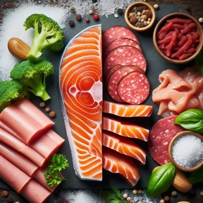 Contrast between healthy salmon and unhealthy processed meats in a nutritional health article.