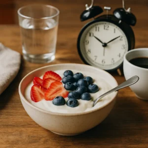A breakfast scene with a bowl of yogurt topped with sliced strawberries and blueberries, placed next to a cup of coffee, a glass of water, and a black alarm clock on a wooden table.