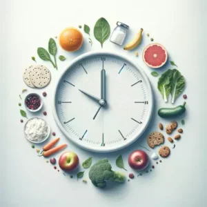 Minimalist concept of intermittent fasting with a clock and healthy foods symbolizing balanced eating and fasting periods.