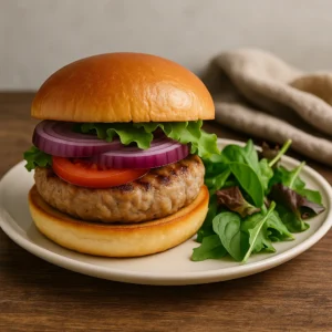 A turkey burger with lettuce, tomato, and red onion on a brioche bun, served with a side of mixed green salad on a cream plate.