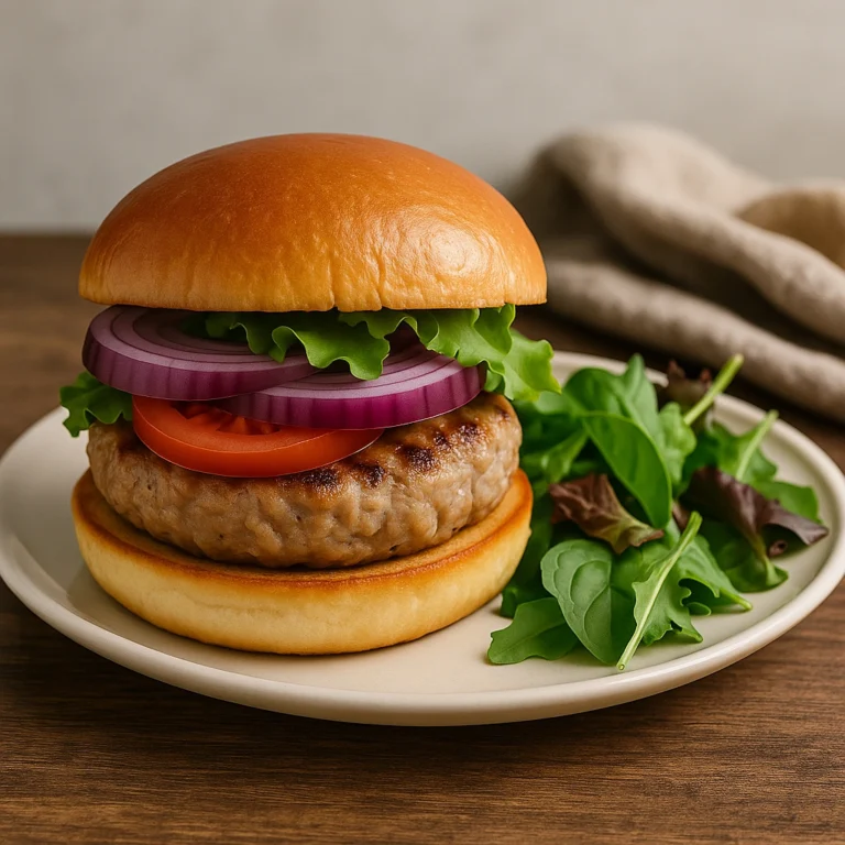 A turkey burger with lettuce, tomato, and red onion on a brioche bun, served with a side of mixed green salad on a cream plate.