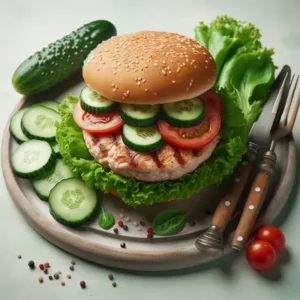 Healthy turkey burger with fresh vegetables promoting weight loss and nutritious eating.