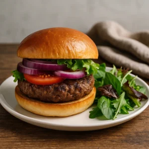 A juicy beef burger with lettuce, tomato, and red onion on a golden brioche bun, served with a fresh mixed green salad on a white plate.