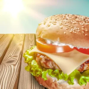 nutritious, well-assembled diet burger with fresh lettuce, tomato, a lean meat patty, and whole grain bun, symbolizing a health-conscious meal choice.