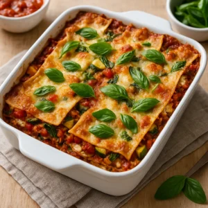 A high-resolution photograph showcases a freshly baked Mediterranean vegetable lasagna in a white ceramic baking dish, topped with melted cheese and fresh basil leaves, on a wooden table with a warm, rustic backdrop.