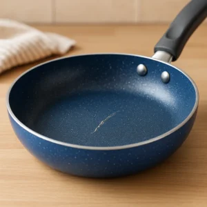 A scratched blue non-stick frying pan resting on a wooden countertop with a cloth in the background.