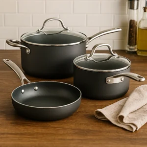 A photograph showcases a set of three non-stick induction cookware pans on a modern kitchen countertop, featuring sleek black finishes and stainless steel handles.