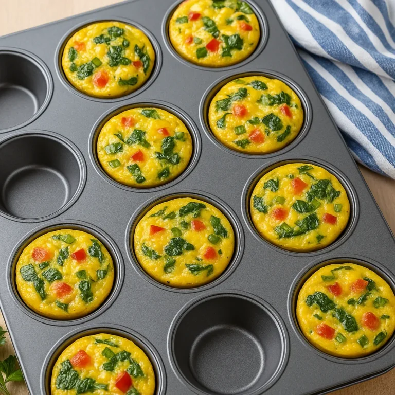 A digital photograph showcases a freshly baked batch of egg muffins with spinach and bell peppers in a non-stick metal muffin pan, resting on a wooden kitchen counter.