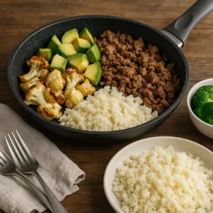 A low-carb meal with browned ground beef, avocado chunks, roasted cauliflower, and cauliflower rice arranged in a black skillet on a wooden table.