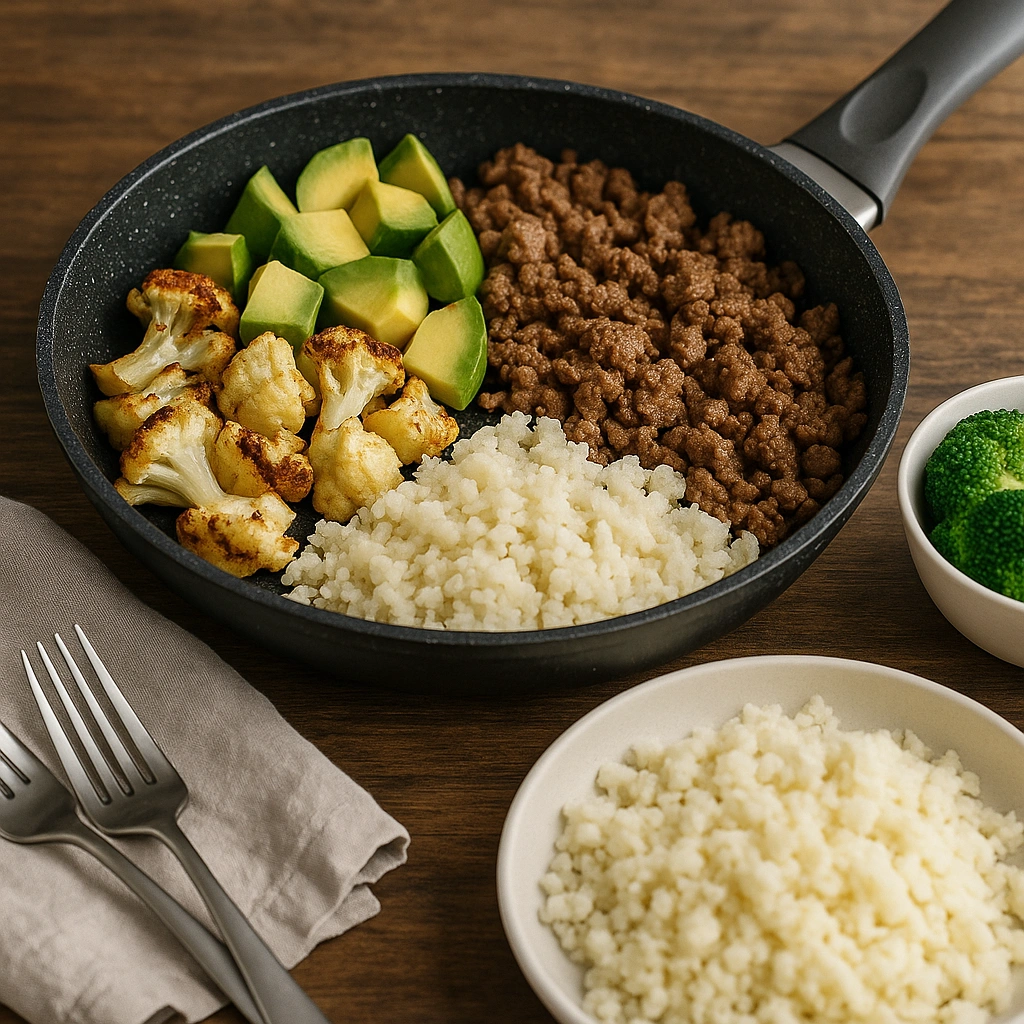 A low-carb meal with browned ground beef, avocado chunks, roasted cauliflower, and cauliflower rice arranged in a black skillet on a wooden table.