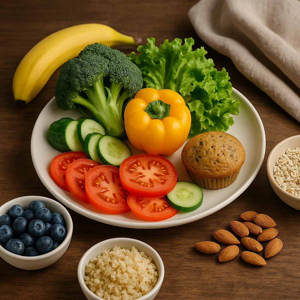 An assortment of fresh, colorful healthy foods including vegetables, fruits, quinoa, oats, almonds, and a muffin arranged on a white plate.