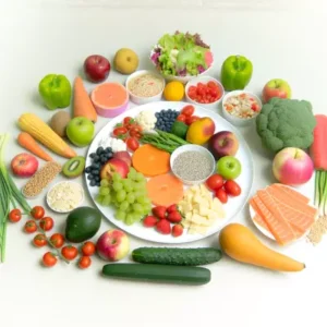 A colorful array of healthy foods artfully arranged on a plate, symbolizing balanced daily nutrition.