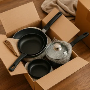 A photograph captures a partially packed cardboard box containing various pots and pans cushioned with kitchen towels, set on a hardwood floor near a kitchen cabinet.
