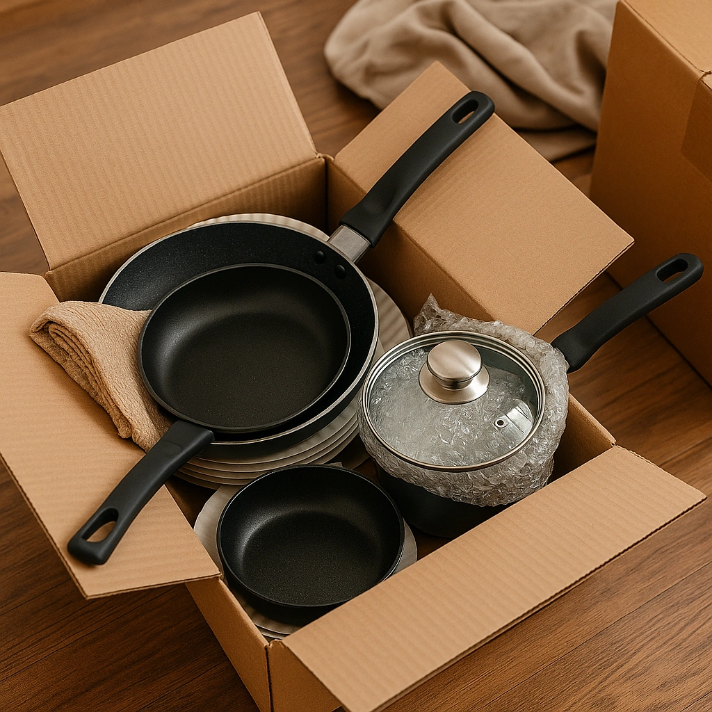 A photograph captures a partially packed cardboard box containing various pots and pans cushioned with kitchen towels, set on a hardwood floor near a kitchen cabinet.