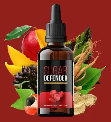 Sugar Defender blood sugar supplement bottle surrounded by fresh, natural ingredients.