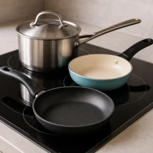 A high-resolution photo of three types of cookware—a stainless steel saucepan, a black non-stick frying pan, and a teal ceramic pan—arranged on a black glass cooktop in a modern kitchen.