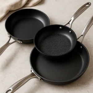 Three nonstick frying pans placed on a stovetop, including a hard-anodized pan, hybrid stainless steel pan, and ceramic-coated pan, all designed for high heat cooking
