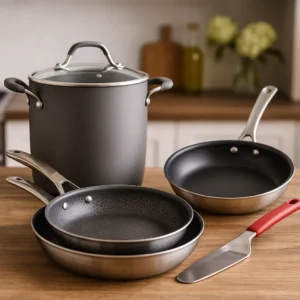 Nonstick cookware set including frying pans and a large pot on a wooden kitchen counter, with a kitchen background.